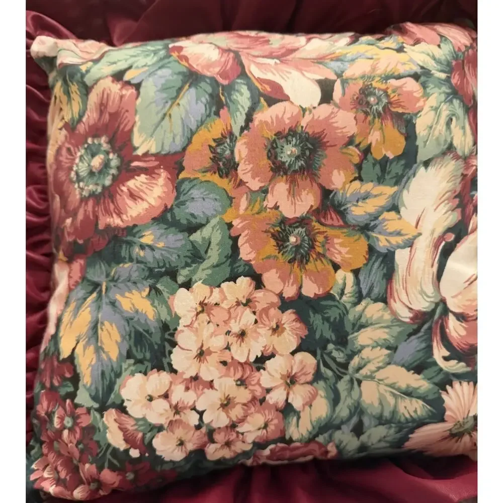 VINTAGE Floral Satin Ruffled Edge Throw Pillow 18” X 18” Maroon Red 3390-20